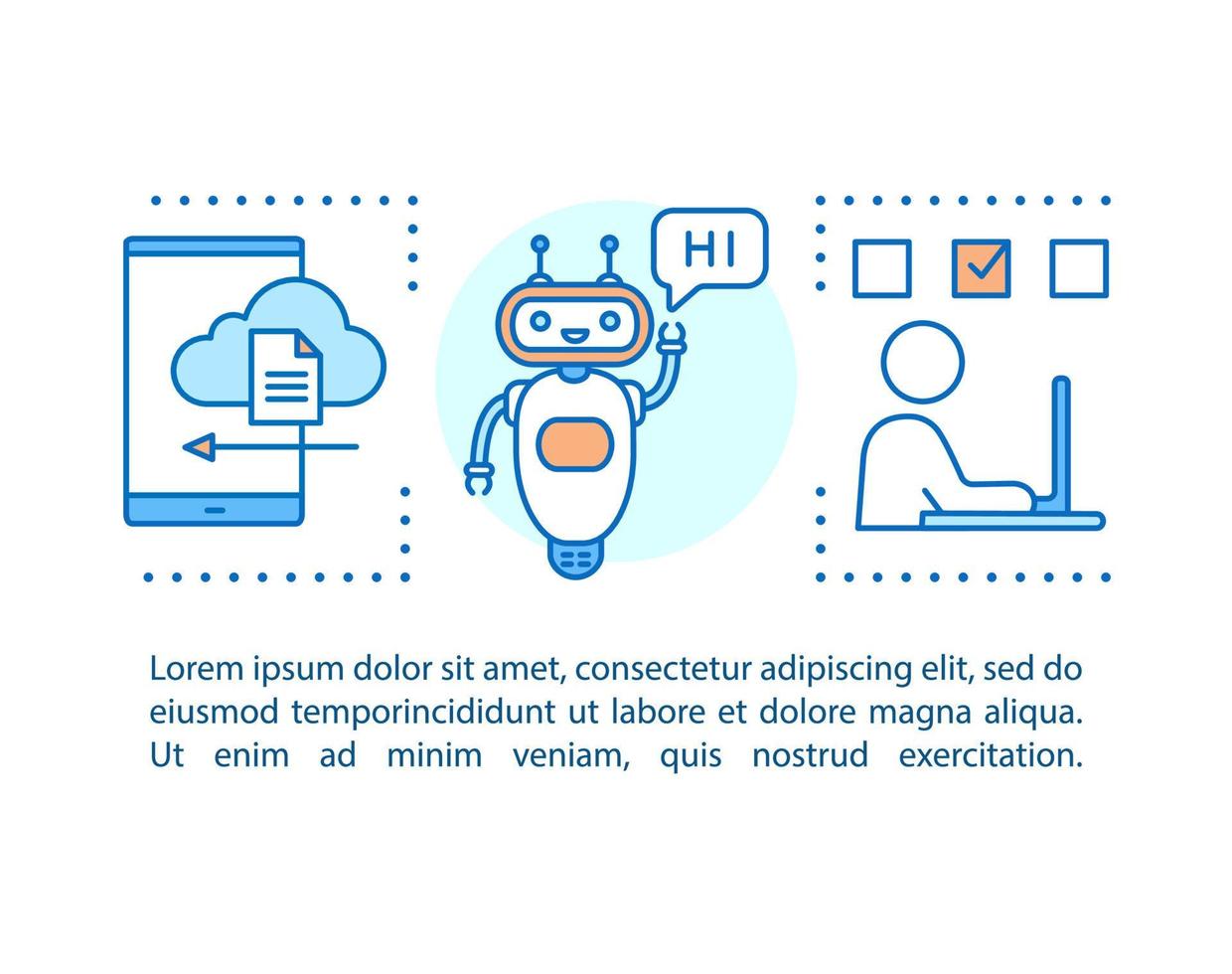 Ilustración lineal del concepto de aprendizaje automático. chatbot. Ciencias de la Computación. artículo, folleto, diseño de página de revista. iconos de líneas finas con cuadros de texto. tecnología digital. dibujo de contorno aislado vectorial vector