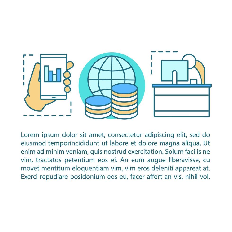 Global financing concept linear illustration. Financial statistics, management. Banking. Stock market analysis. Article, brochure, magazine page with text boxes. Print design. Vector isolated drawing