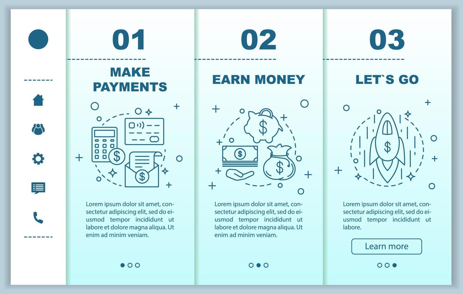 Business development onboarding mobile web page vector template. Responsive smartphone website interface. Financial services. Make payment, earn money, startup launch. Webpage walkthrough step screens