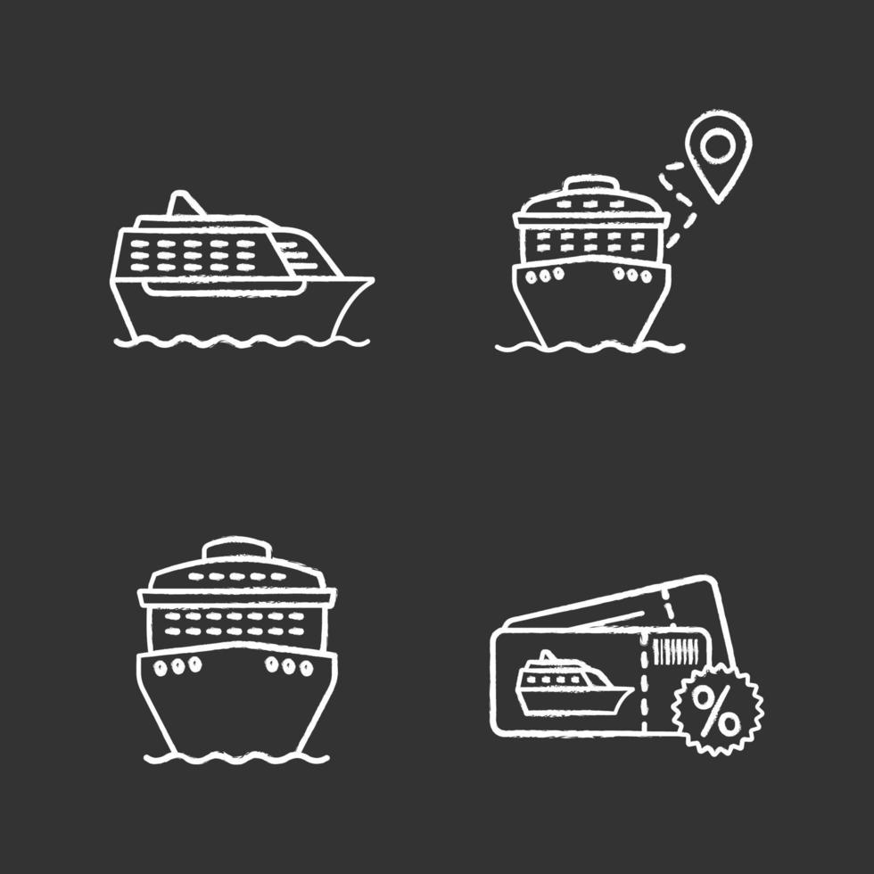 Cruise chalk icons set. Summer voyage. Travel agency. Cheap cruise deal, trip route, ships in front and side views. Isolated vector chalkboard illustrations