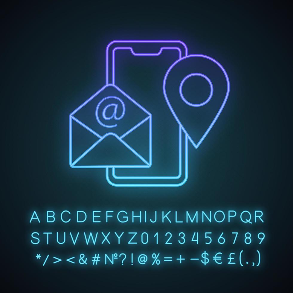 Contact information neon light icon. Phone, email, location. Contact us. Communication. Smartphone, envelope, pinpoint. Glowing alphabet, numbers and symbols. Vector isolated illustration