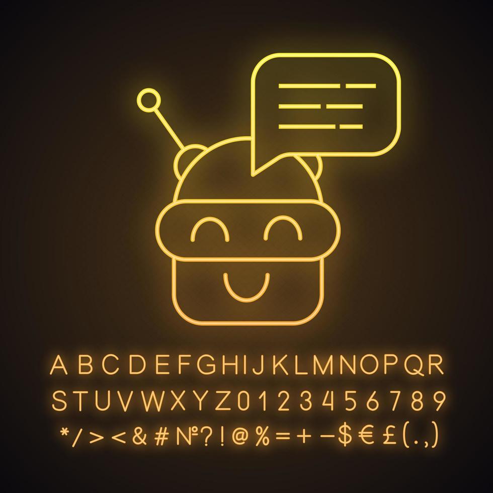 Chatbot message neon light icon. Talkbot. Modern robot. Android laughing chat bot. Virtual assistant. Conversational agent. Glowing sign with alphabet, numbers, symbols. Vector isolated illustration
