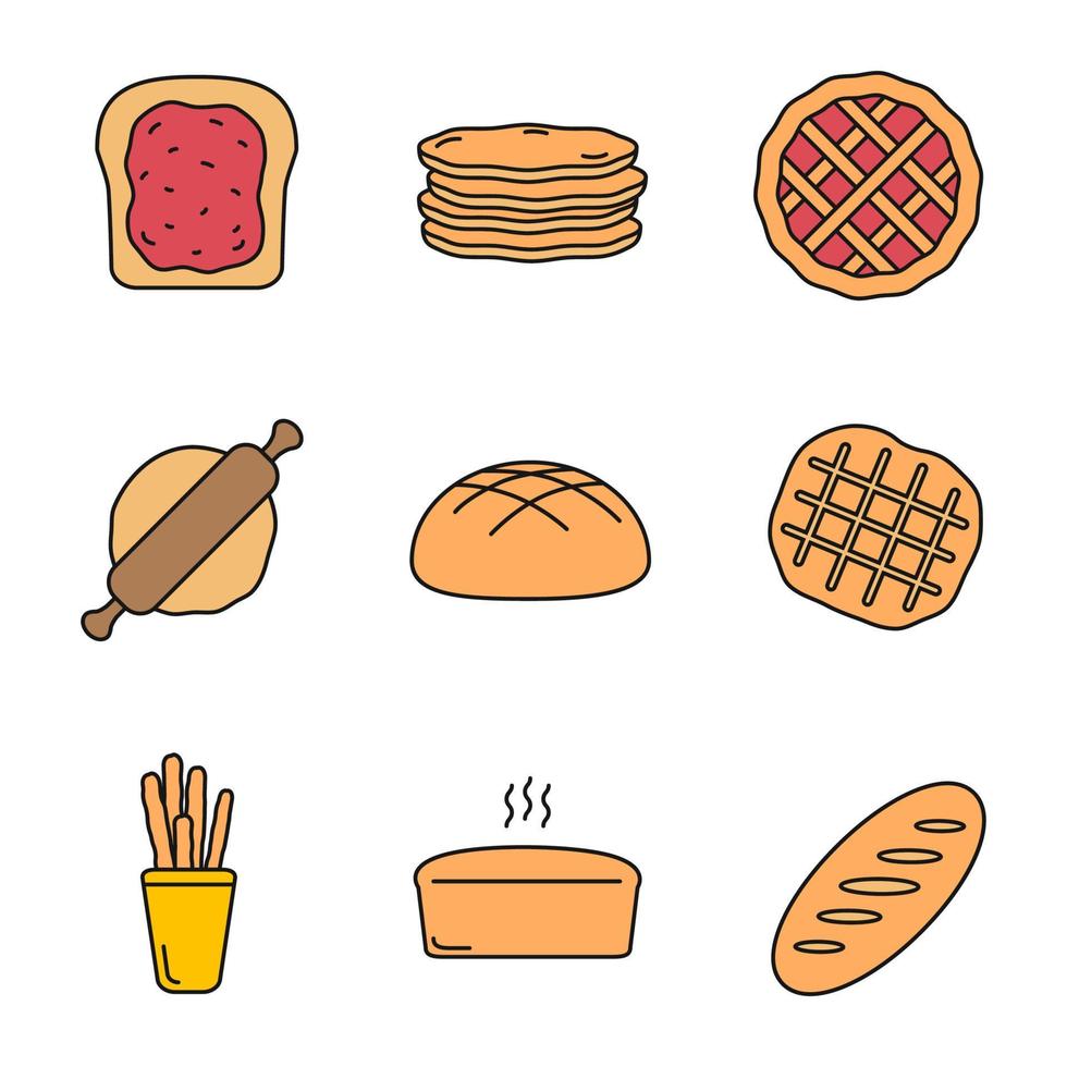 Bakery color icon. Toast, pancakes, pie, rolling pin, rye bread, belgian waffle, grissini, brick loaf. Isolated vector illustration