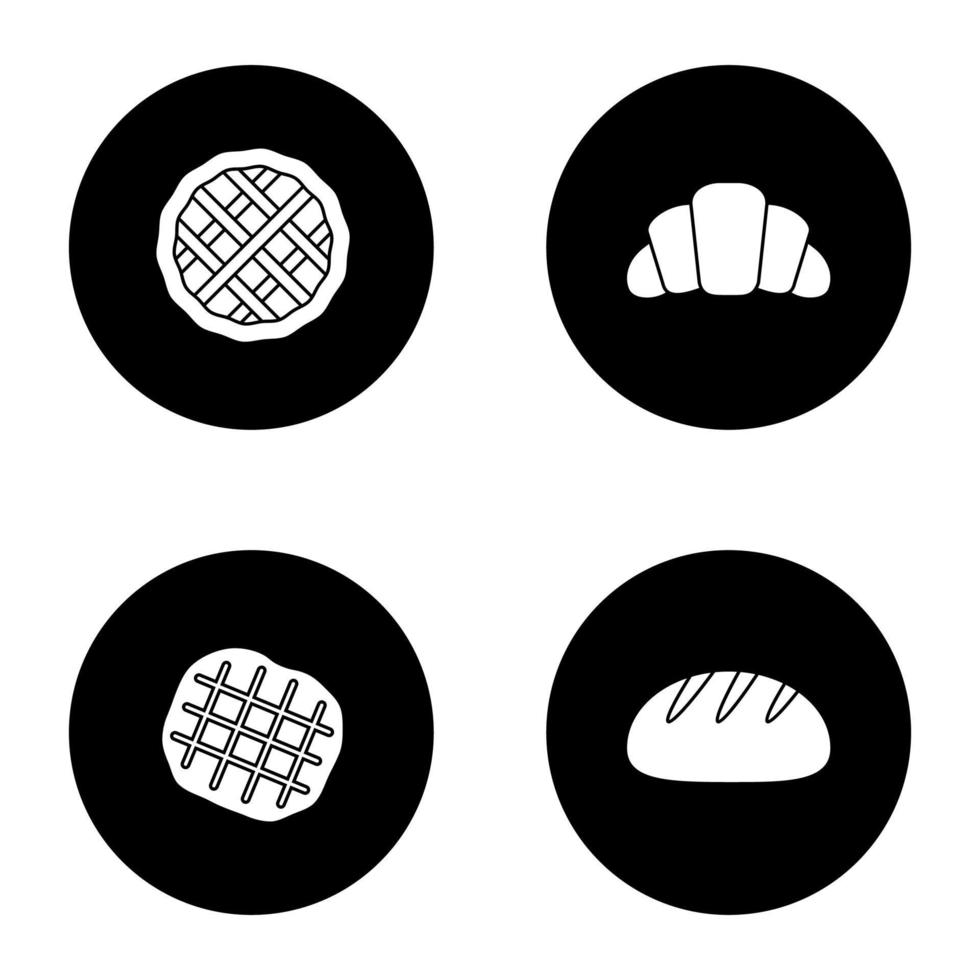 Bakery glyph icons set. Pie, croissant, belgian waffle, round bread. Vector white silhouettes illustrations in black circles