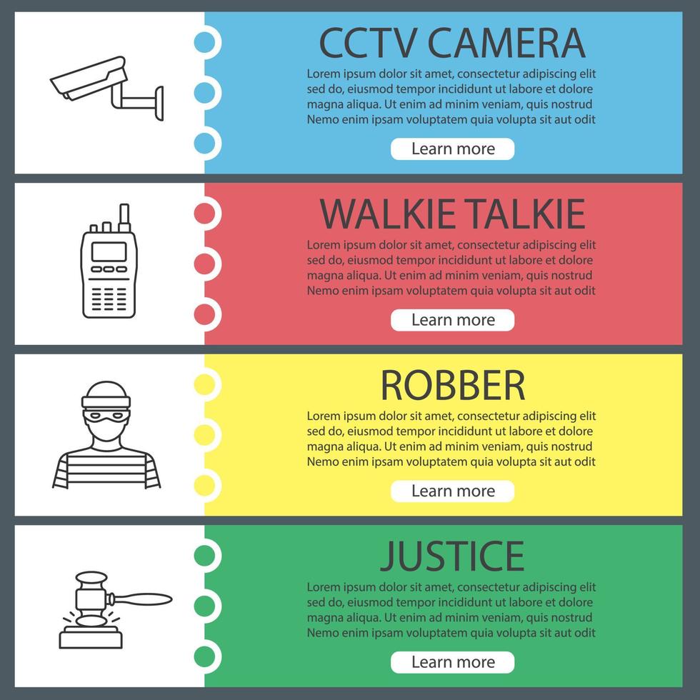 Police web banner templates set. Surveillance camera, walkie talkie, robber, gavel. Website color menu items with linear icons. Vector headers design concepts