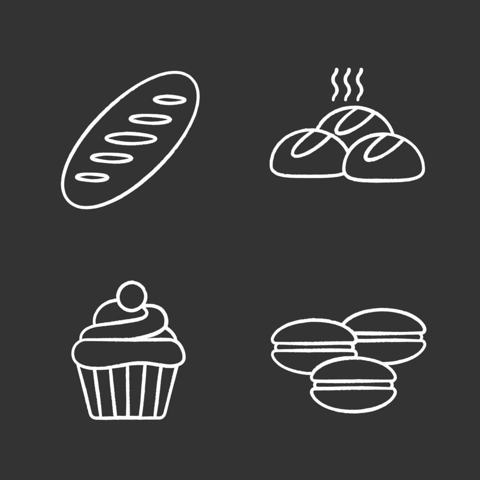 Bakery chalk icons set. Bread loaf, dinner rolls, cupcake, macarons. Isolated vector chalkboard illustrations