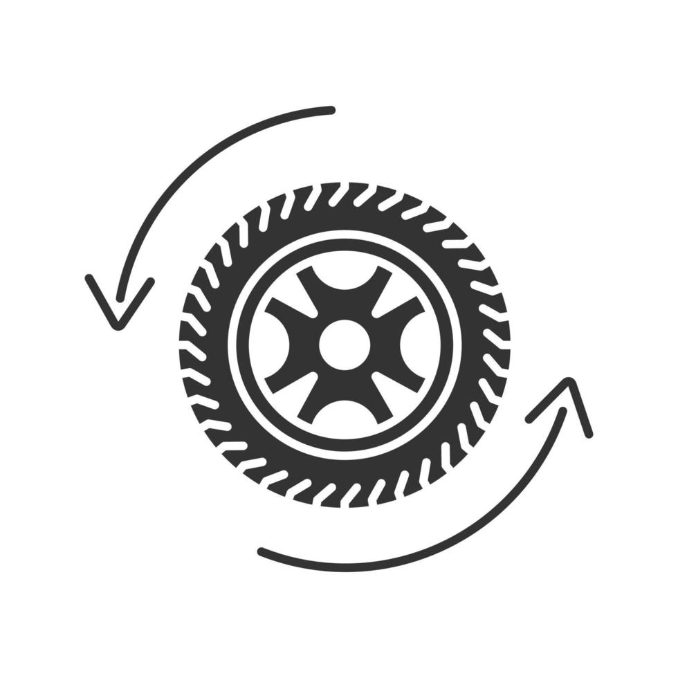 Automobile wheel changing glyph icon. Car rim and tire with circle arrow. Silhouette symbol. Negative space. Vector isolated illustration