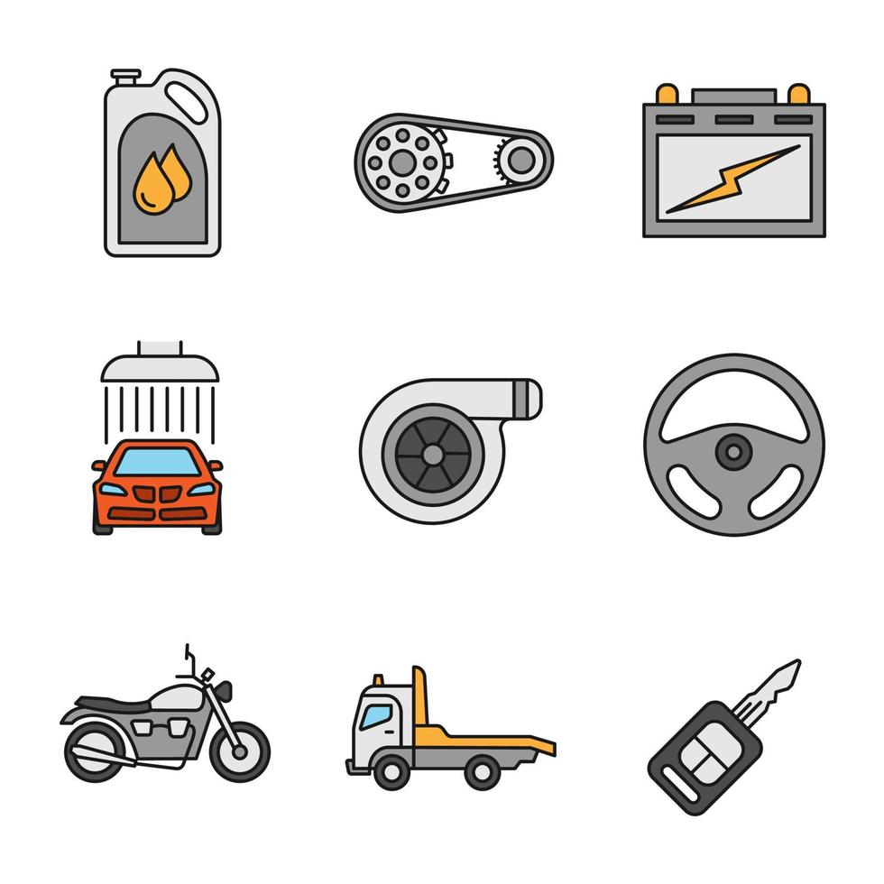 Auto workshop color icons set. Motor oil, sprocket wheel, automotive battery, car washing, turbocharger, rudder, motorbike, tow truck, key. Isolated vector illustrations