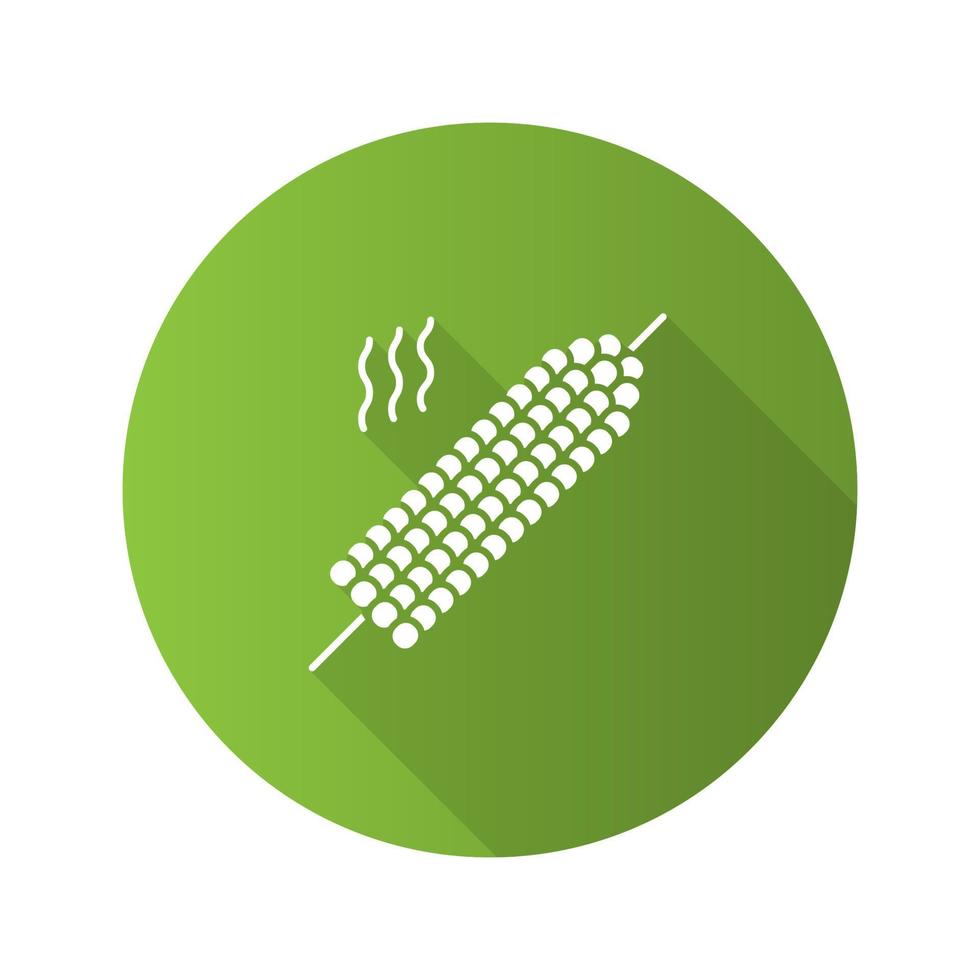 Grilled corn on skewer flat design long shadow glyph icon. Vector silhouette illustration