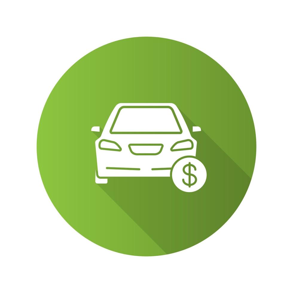 Car with dollar sign flat design long shadow glyph icon. Automobile buying or sale. Auto workshop service prices. Vector silhouette illustration
