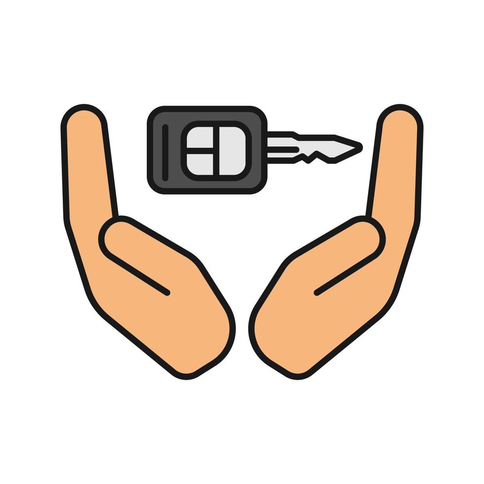 Open palms with car key color icon. Real estate insurance. Car alarm system. Isolated vector illustration