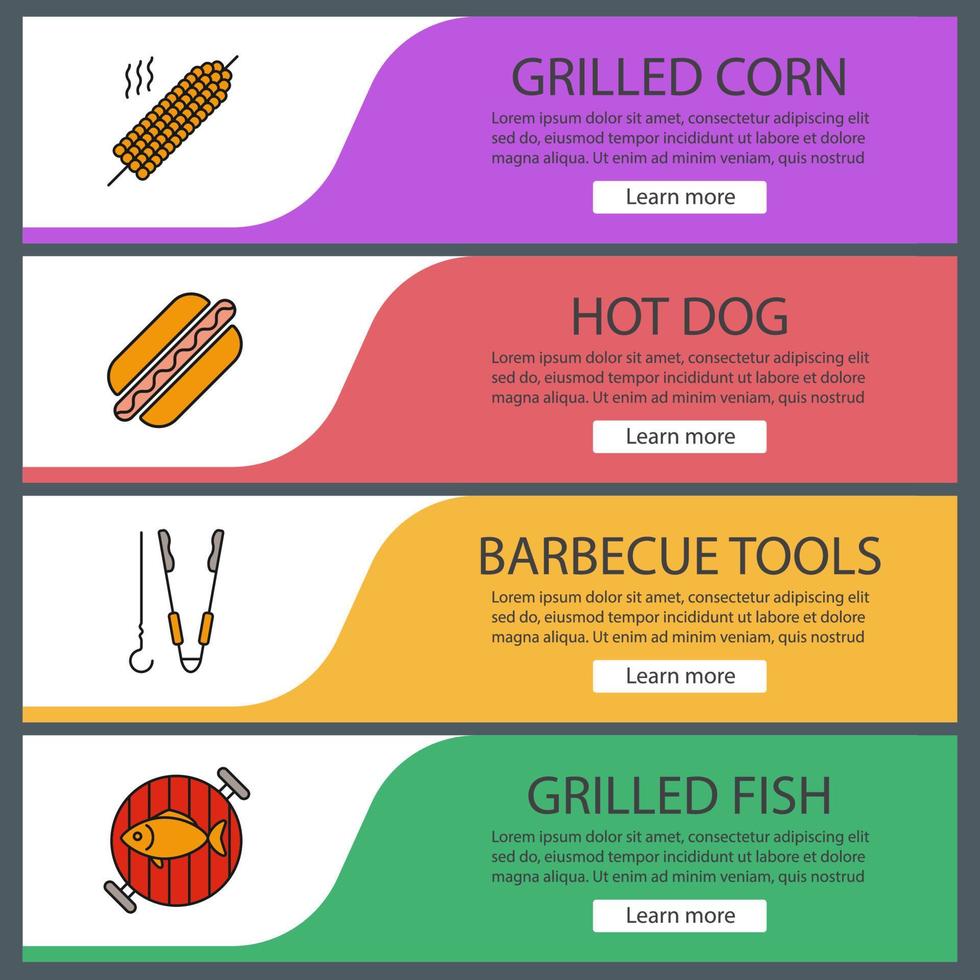 Barbecue web banner templates set. Website color menu items. BBQ. Grilled corn, hot dog, tongs and skewer, fish on grill grid. Vector headers design concepts