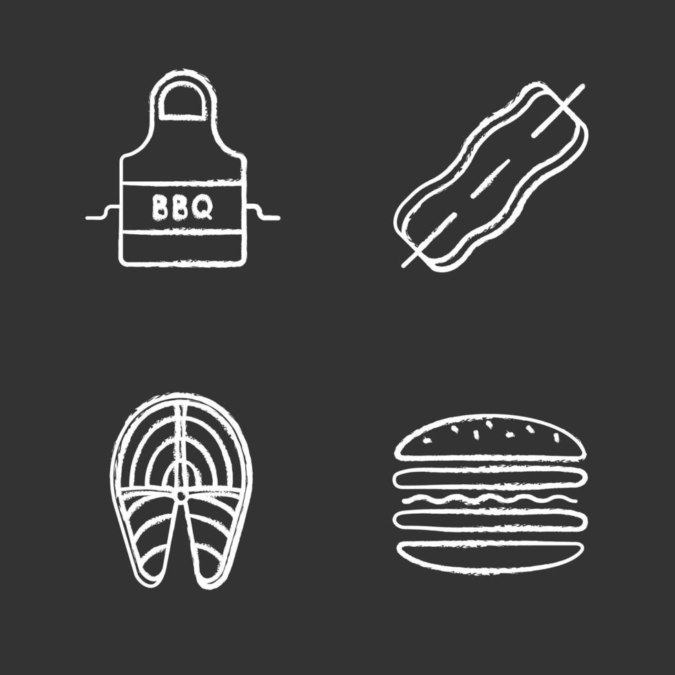 conjunto de iconos de tiza de barbacoa. barbacoa. delantal, tocino en brocheta, filete de pescado, hamburguesa. ilustraciones de pizarra vector aislado