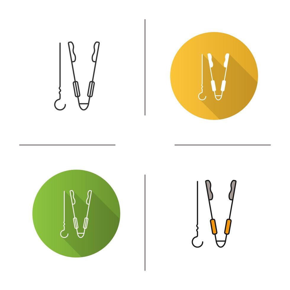 Grill skewer and tongs icon. Flat design, linear and color styles. Barbecue tools. Isolated vector illustrations