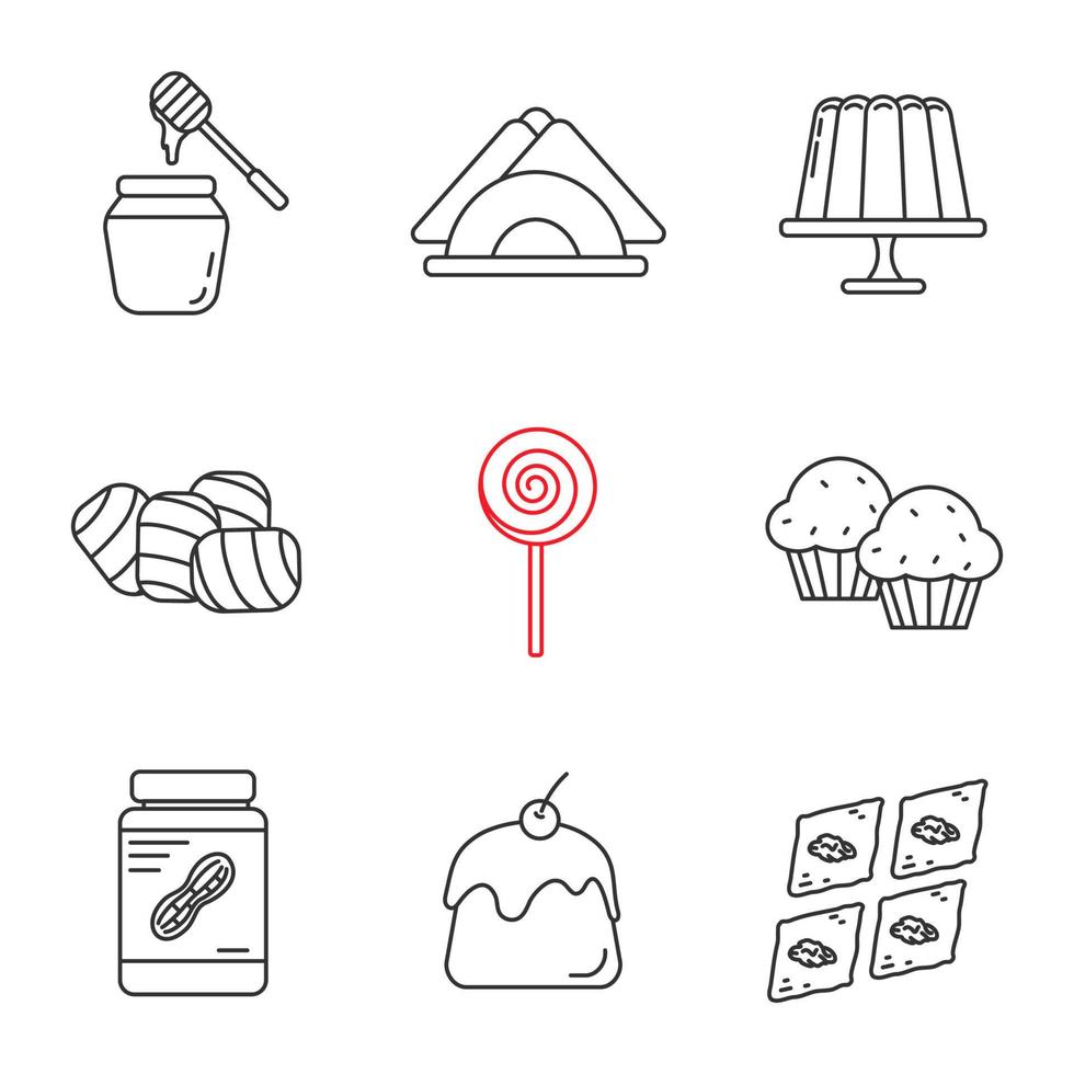 Confectionery linear icons set. Contour symbols. Honey jar, jelly pudding, table napkins, marshmallow, lollipop, cupcakes, peanut butter, panna cotta, baklava. Isolated vector outline illustrations
