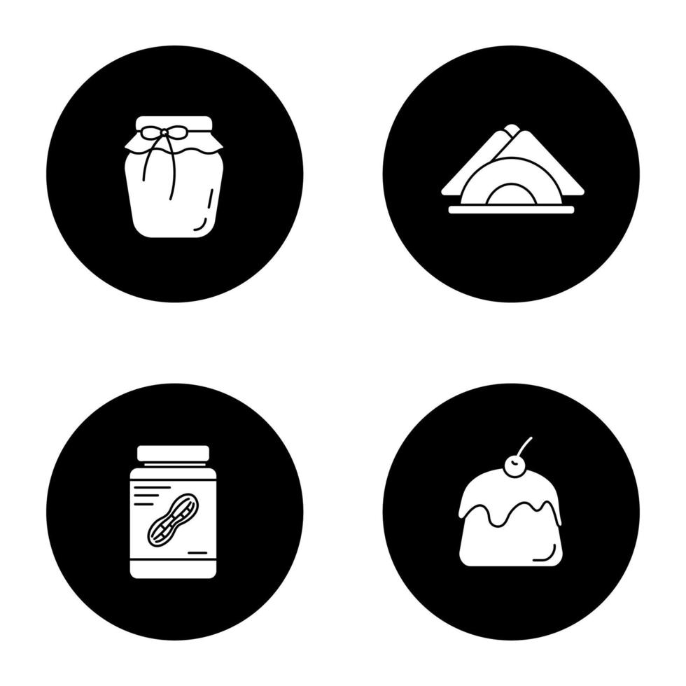 Condectionery glyph icons set. Coffee house menu. Strawberry jam, table napkins, peanut butter, pudding. Vector white silhouettes illustrations in black circles