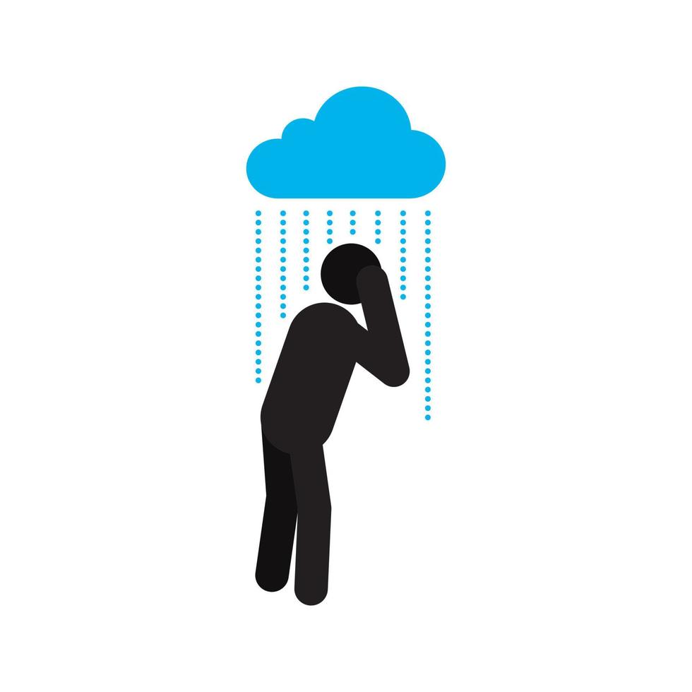 Man standing under pouring rain silhouette icon. Person getting wet. Depression. Rainy weather. Isolated vector illustration