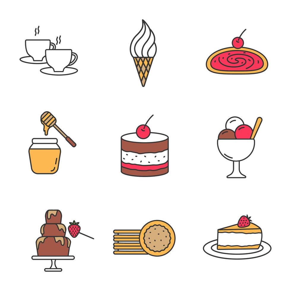 conjunto de iconos de colores de confitería. bebida caliente, helado, strudel, tarro de miel, tiramisú, fuente de chocolate, galletas tipo sándwich, tarta de queso. ilustraciones vectoriales aisladas vector