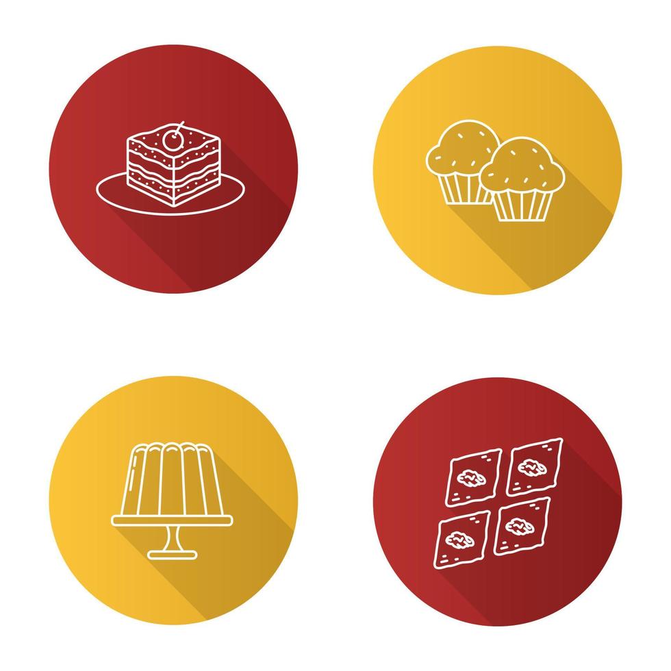 Condectionery flat linear long shadow icons set. Coffee house menu. Tiramisu, cupcakes, jelly pudding, baklava. Vector outline illustration