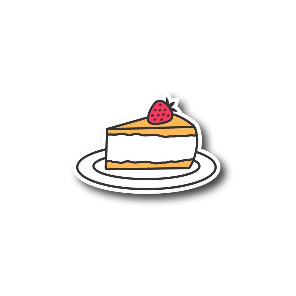 Cheesecake with strawberry patch. Color sticker. Piece of cake. Vector isolated illustration