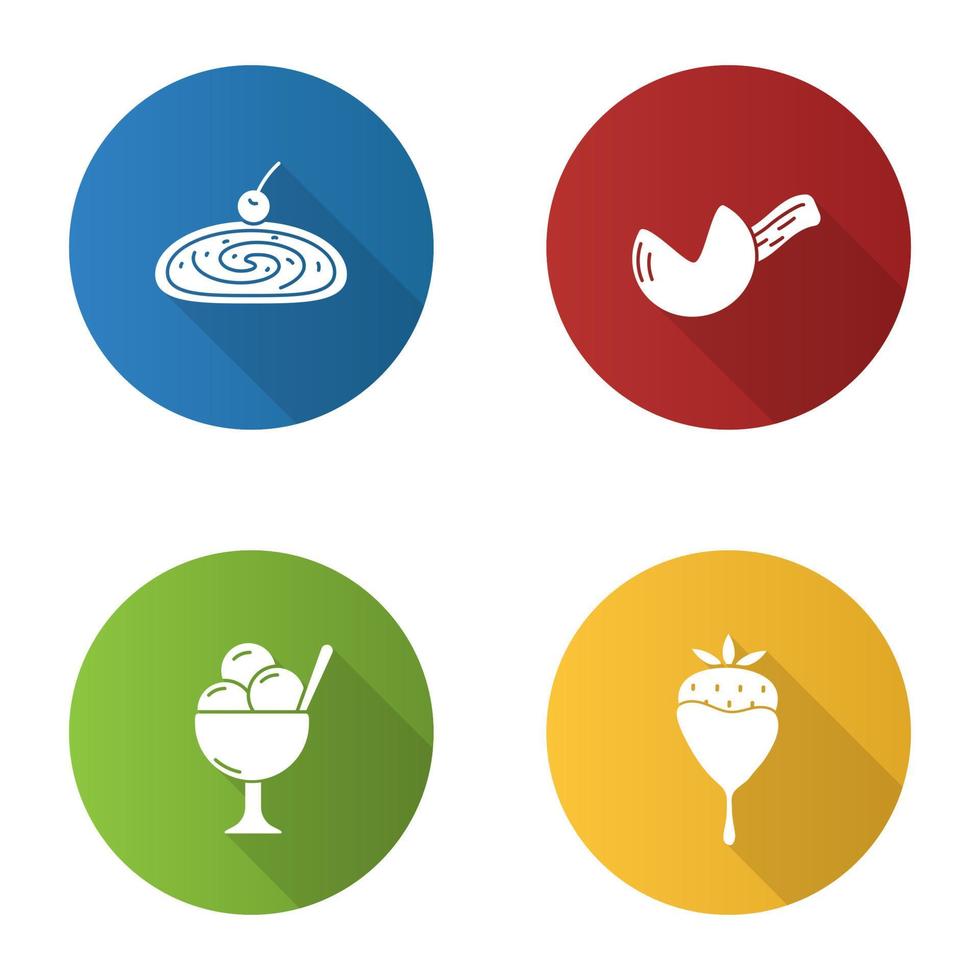 Conjunto de iconos de glifo de larga sombra de diseño plano de Condectionery. menú de la cafetería. strudel de cereza, galleta de la fortuna, tazón de helado, fresa en chocolate. ilustración de silueta de vector