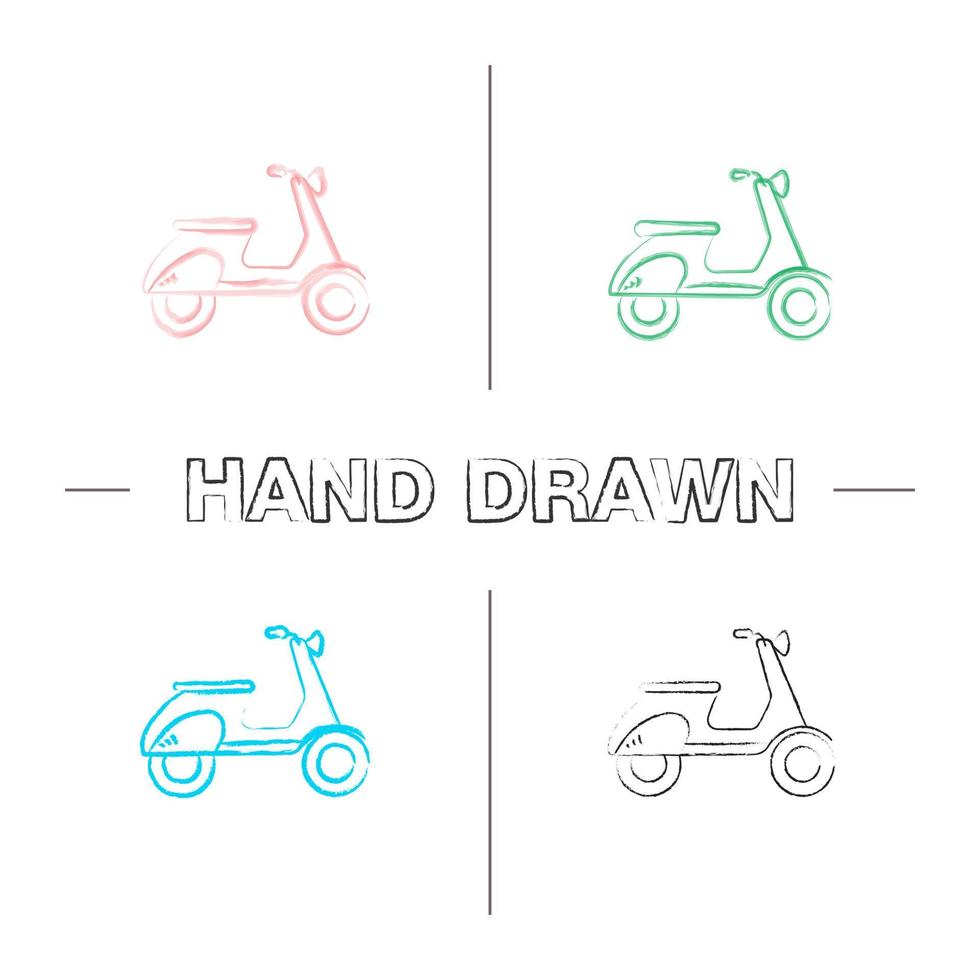 Scooter side view hand drawn icons set. Motorbike. Color brush stroke. Isolated vector sketchy illustrations