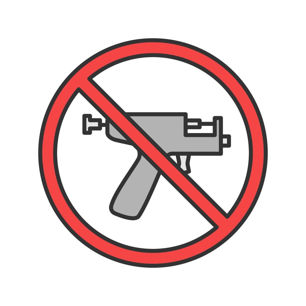 Forbidden sign with piercing gun color icon. No ear piercing instruments prohibition. Isolated vector illustration