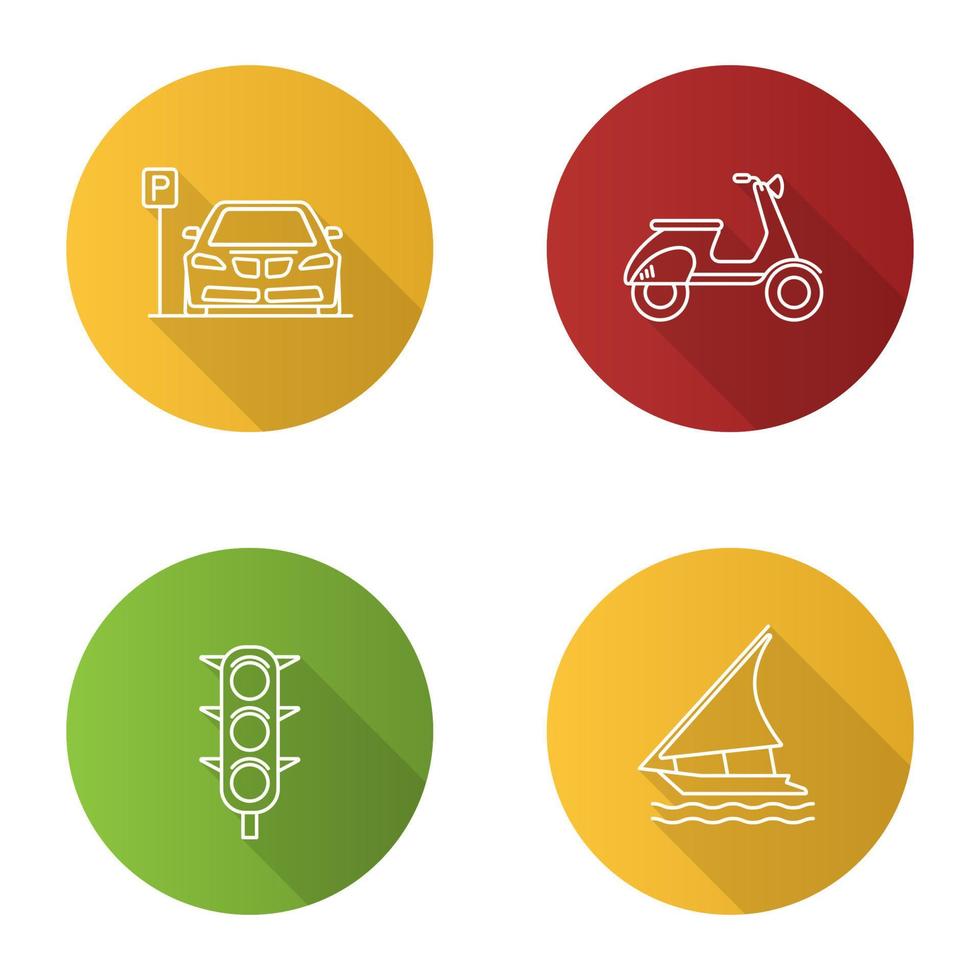 Public transport flat linear long shadow icons set. Modes of transport. Parking zone, scooter, traffic light, sailing boat. Vector outline illustration