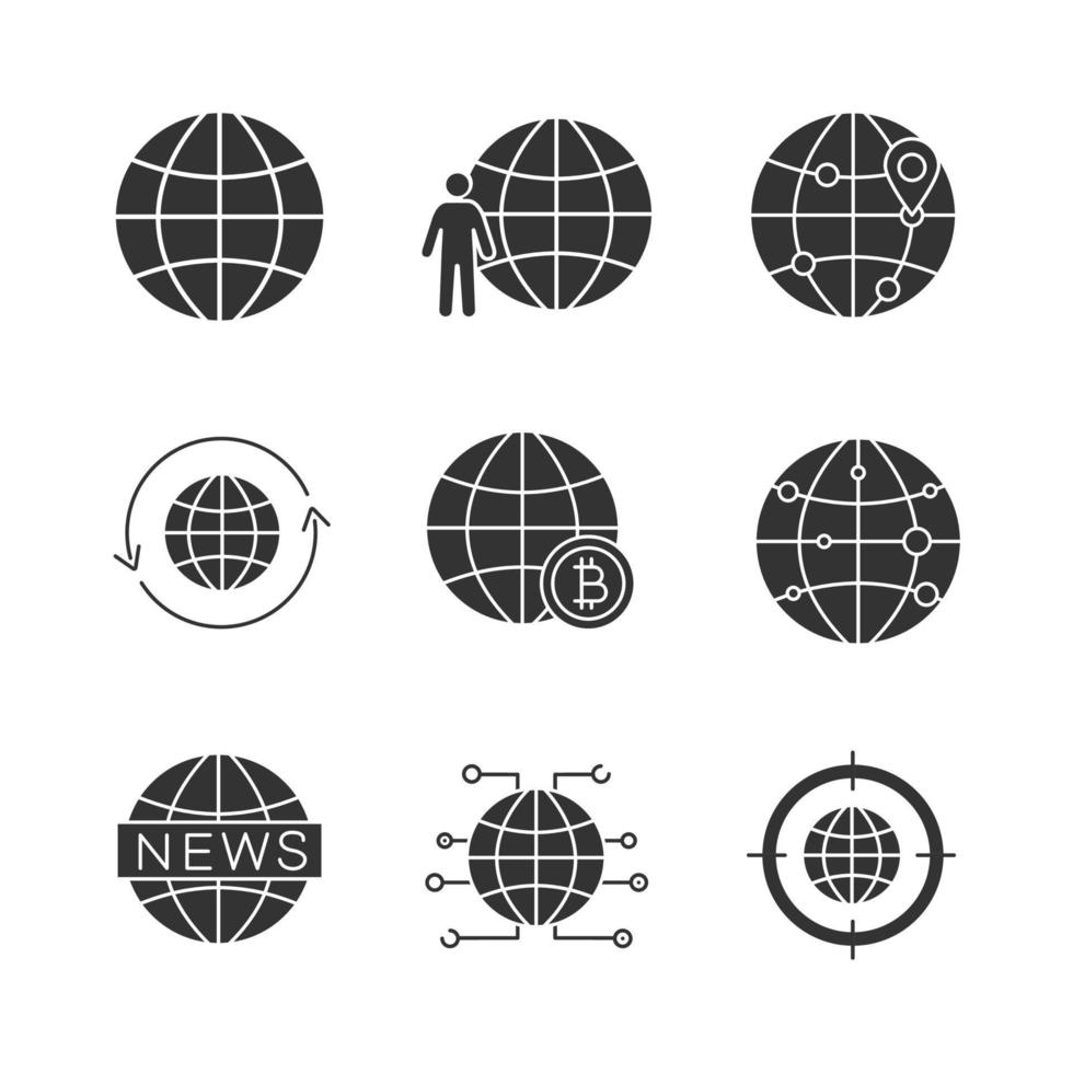 Worldwide glyph icons set. Globe, planet population, international route, around the world, global bitcoin, newscast, internet connection, aim on Earth. Silhouette symbol. Vector isolated illustration