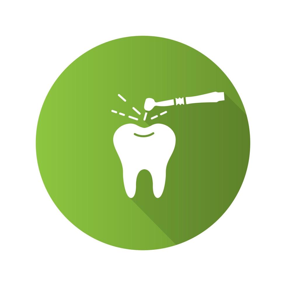 Icono de glifo de larga sombra de diseño plano de proceso de perforación de dientes. odontología. pieza de mano dental. ilustración de silueta de vector