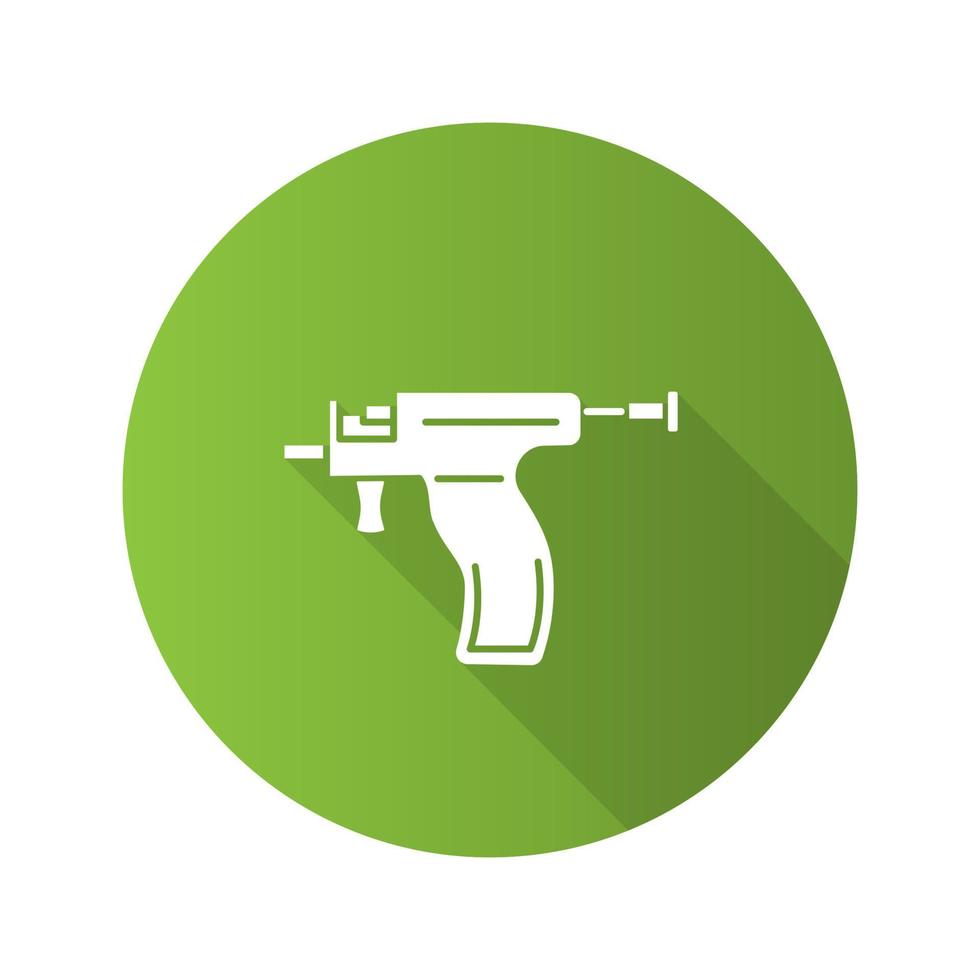 Pistola perforadora icono de glifo de larga sombra de diseño plano. Instrumento para perforar la oreja. ilustración de silueta de vector