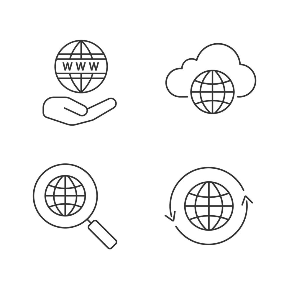 Worldwide linear icons set. Safe internet connection, cloud storage, global search, globe with round arrow. Thin line contour symbols. Isolated vector outline illustrations. Editable stroke