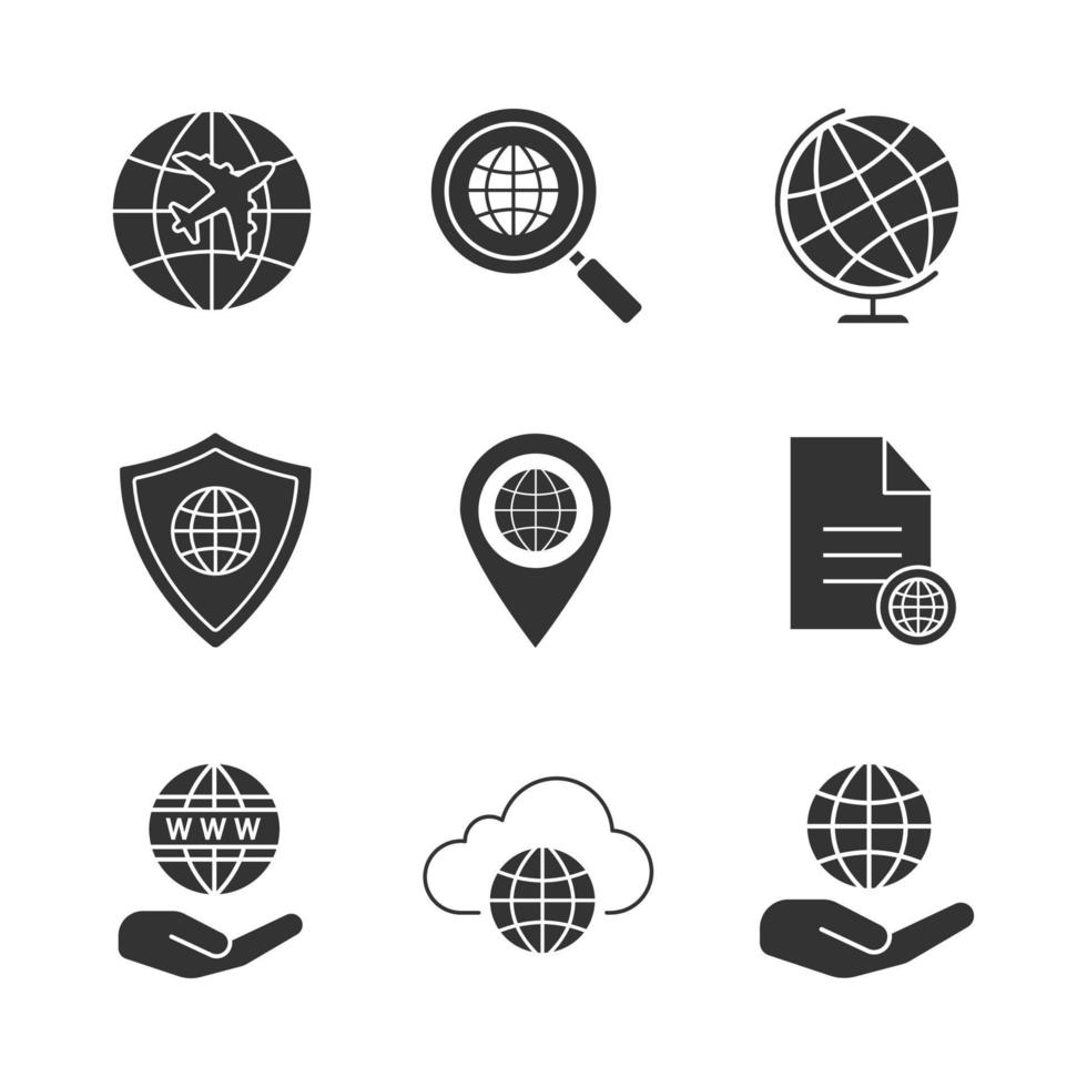 conjunto de iconos de glifos en todo el mundo. vuelo internacional, búsqueda global, globo terráqueo, conexión segura a Internet, localización de mapa, documento, almacenamiento en la nube. símbolos de silueta. vector ilustración aislada