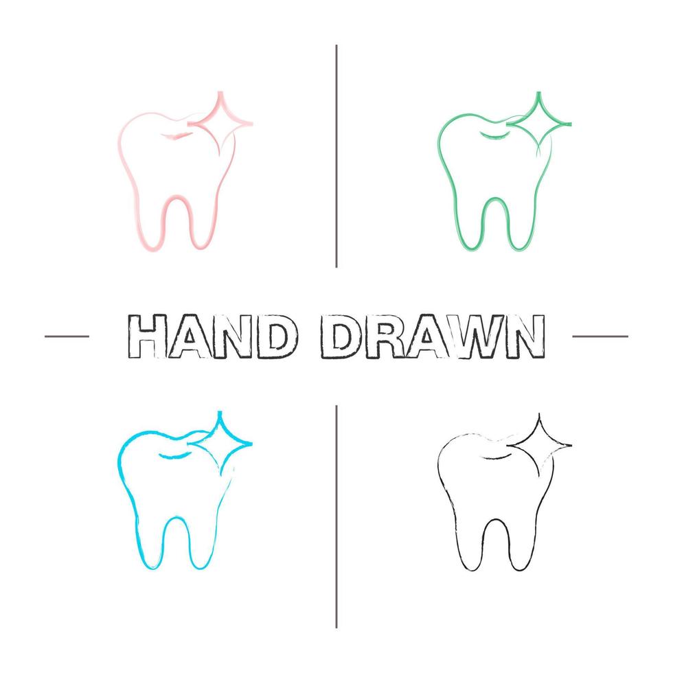 Conjunto de iconos dibujados a mano de diente brillante saludable. blanqueamiento dental. trazo de pincel de color. ilustraciones incompletas del vector aislado