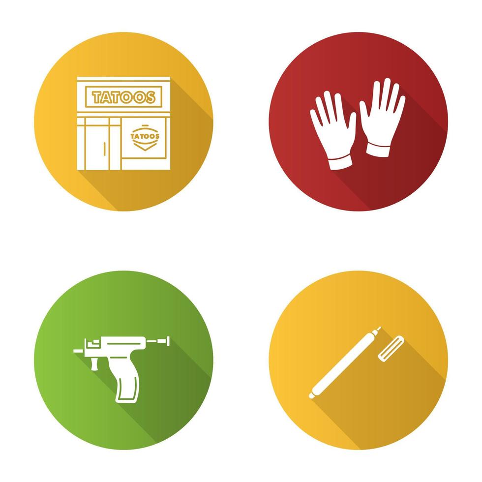 Tattoo studio flat design long shadow glyph icons set. Piercing service. Tattoo parlour exterior, medical gloves, piercing gun, highlighter. Vector silhouette illustration