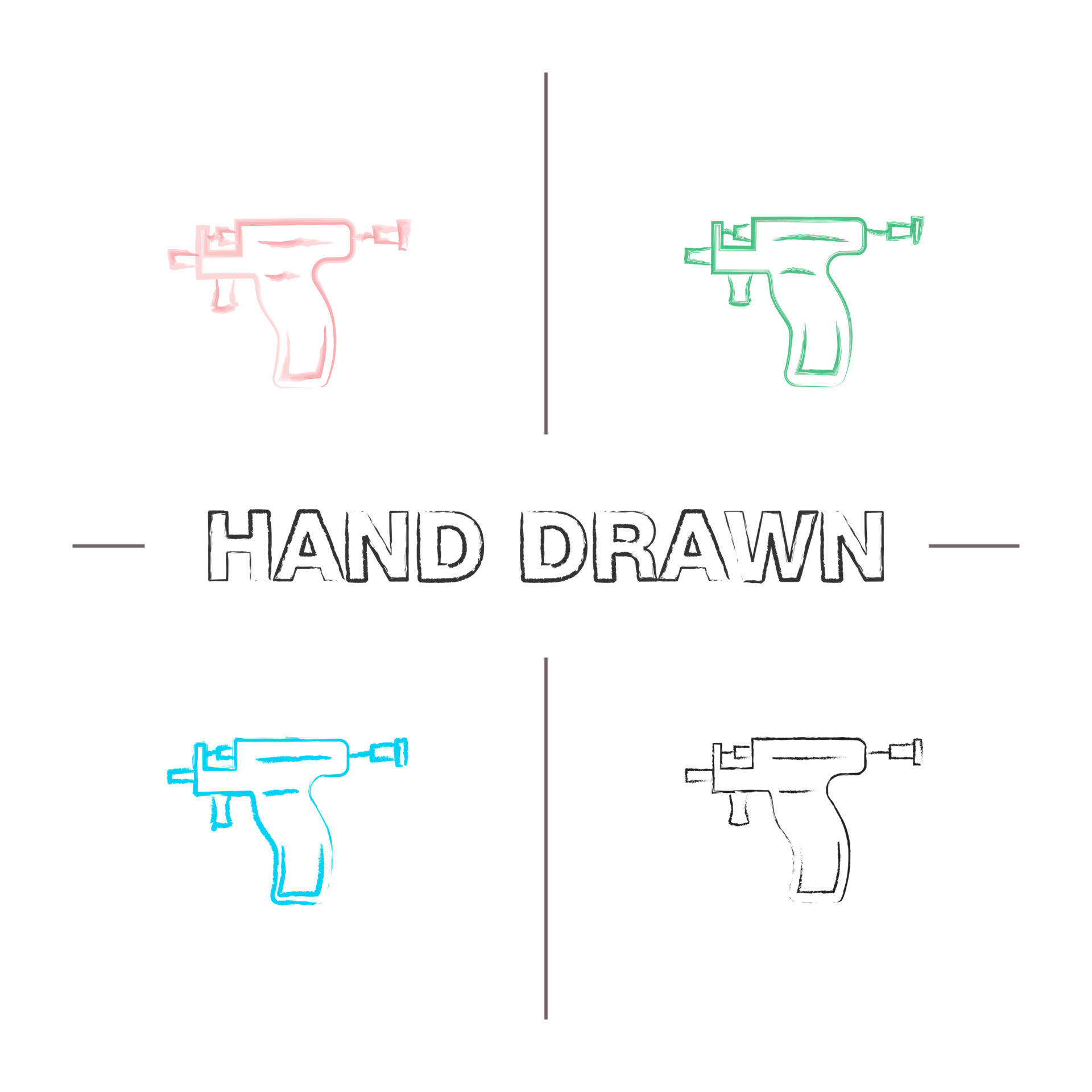 Piercing gun hand drawn icons set. Ear piercing instrument color brush