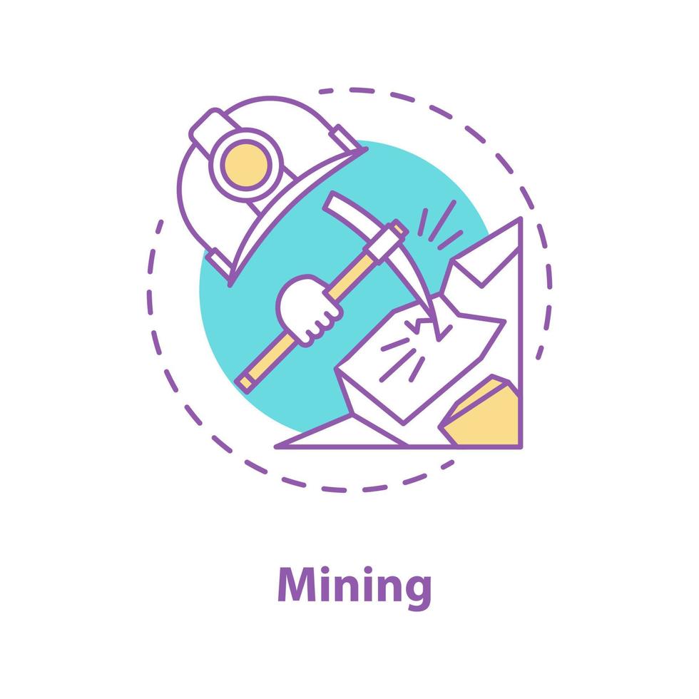 Mining industry concept icon. Minerals extraction idea thin line illustration. Pickaxe breaking rock, industrial safety helmet. Vector isolated outline drawing