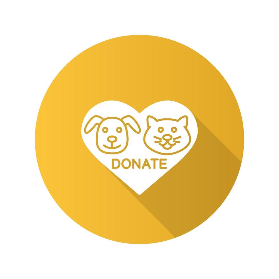 Donación para mascotas icono de glifo de larga sombra de diseño plano. bienestar de los animales. corazón con hocicos de perro y gato en el interior. ilustración de silueta de vector