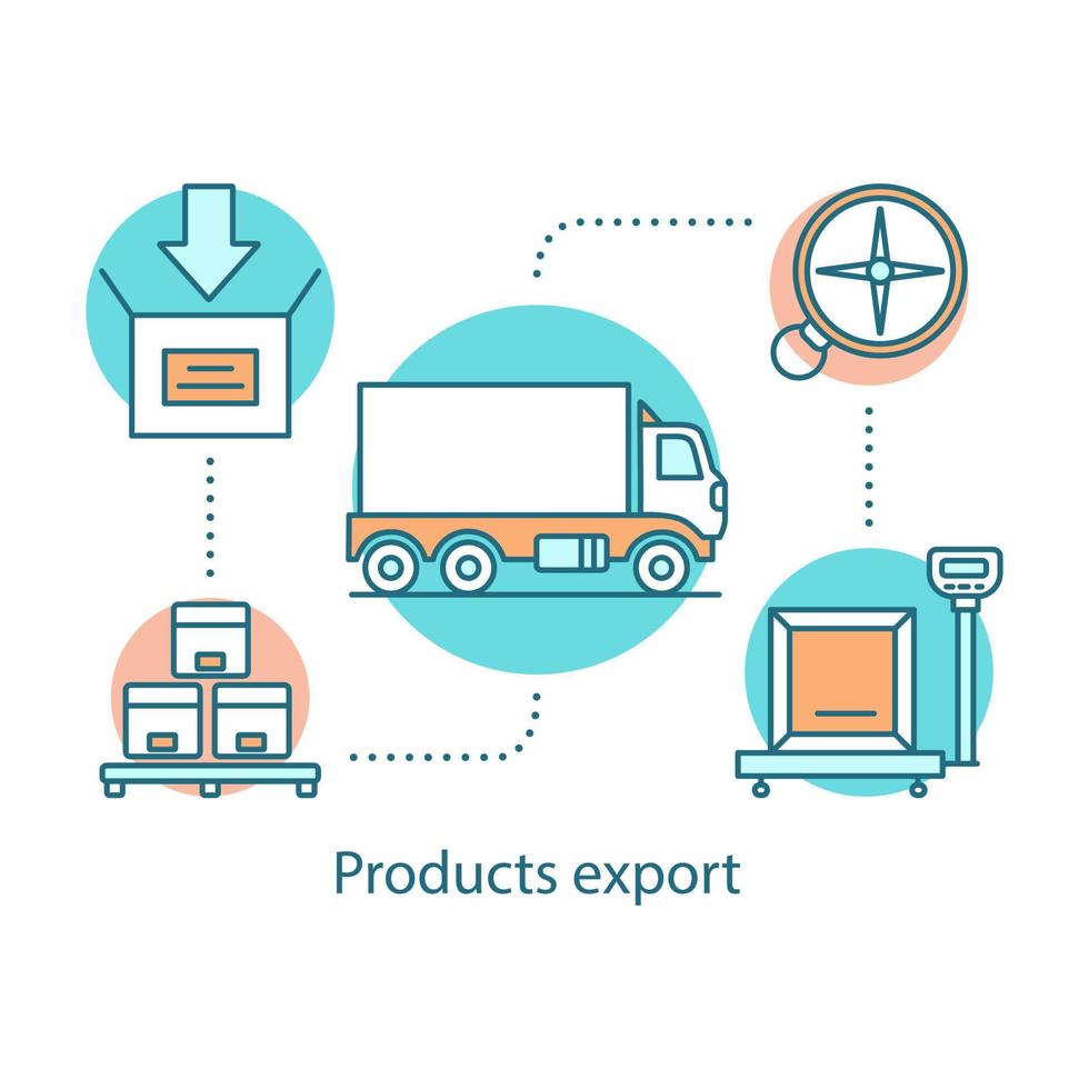 icono de concepto de exportación de productos. logística y distribución. Ilustración de línea fina de idea de servicio de entrega. Transporte de carga. envío de carga. dibujo de contorno aislado vectorial vector