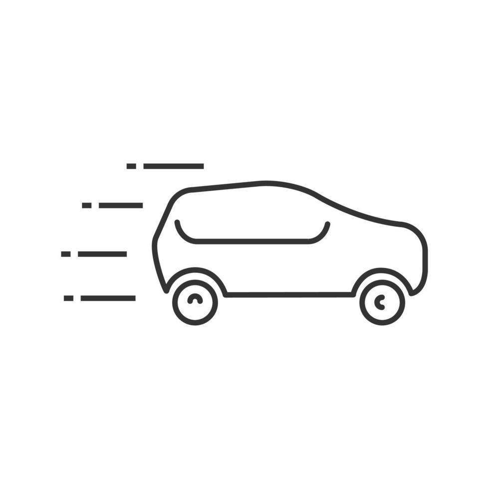 Moving car linear icon. Fast taxi. Thin line illustration. Automobile. Contour symbol. Vector isolated outline drawing