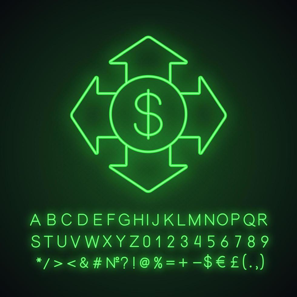 Money spending neon light icon. Expanses. USA dollar with all direction arrows. Glowing sign with alphabet, numbers and symbols. Vector isolated illustration