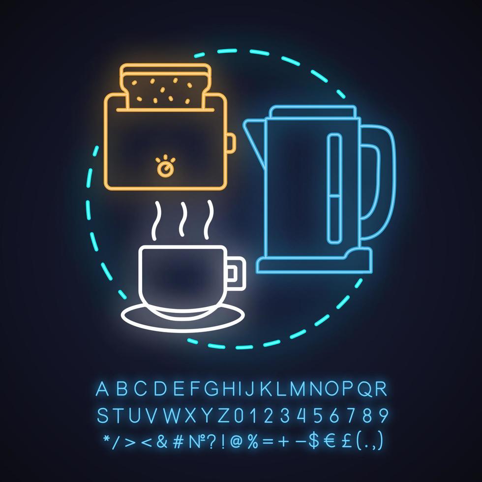 Kitchen electronics store neon light concept icon. Cooking appliances idea. Electric kettle, toaster and tea cup. Glowing sign with alphabet, numbers and symbols. Vector isolated illustration
