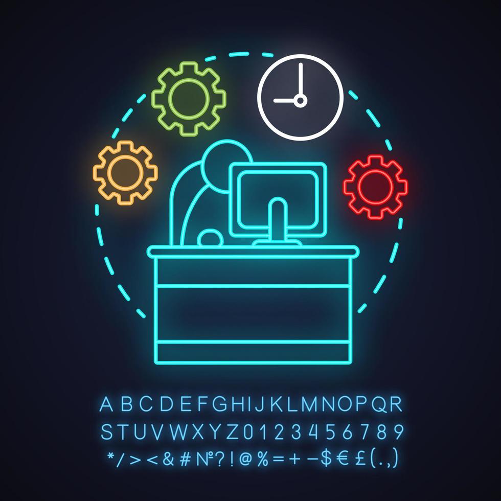 Time management neon light concept icon. Working hours idea. Office worker. Glowing sign with alphabet, numbers and symbols. Vector isolated illustration