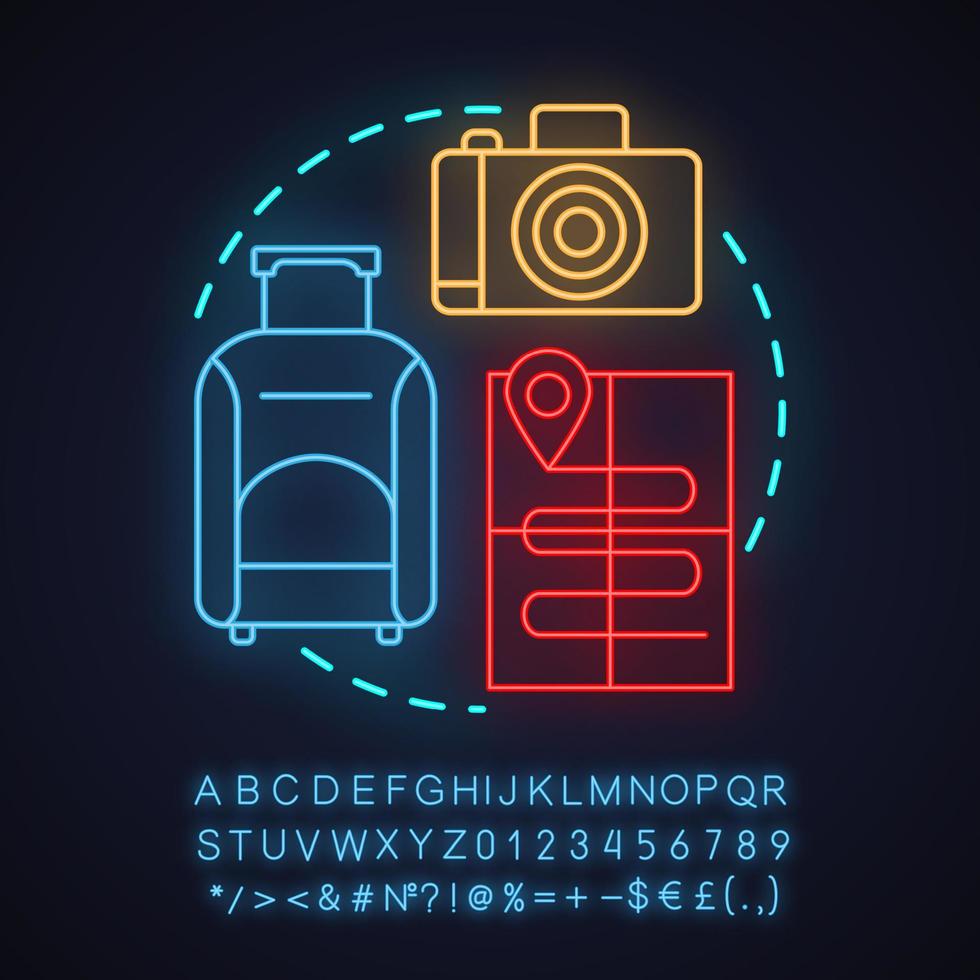 Travel agency neon light concept icon. Going on trip idea. Travel planning. Baggage, photo camera, route map. Glowing sign with alphabet, numbers and symbols. Vector isolated illustration