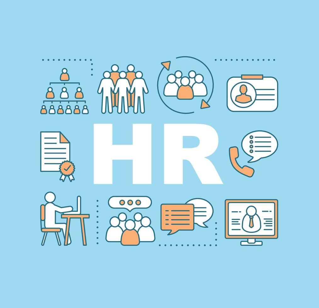 HR management word concepts banner. Human resources. Employment. Recruitment. Staff hiring. Isolated lettering typography idea with linear icons. Vector outline illustration