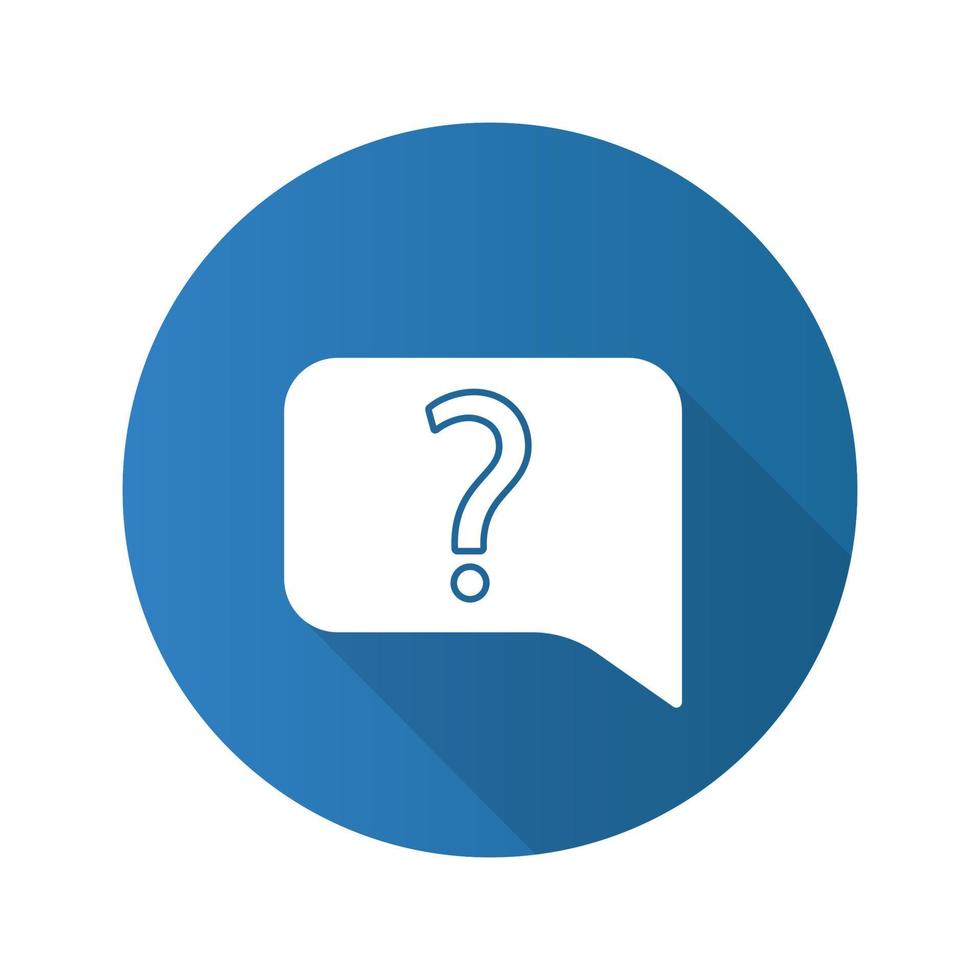 Live help chat flat design long shadow glyph icon. FAQ. Contact support. Discussion forum. Speech bubble with question mark. Vector silhouette illustration