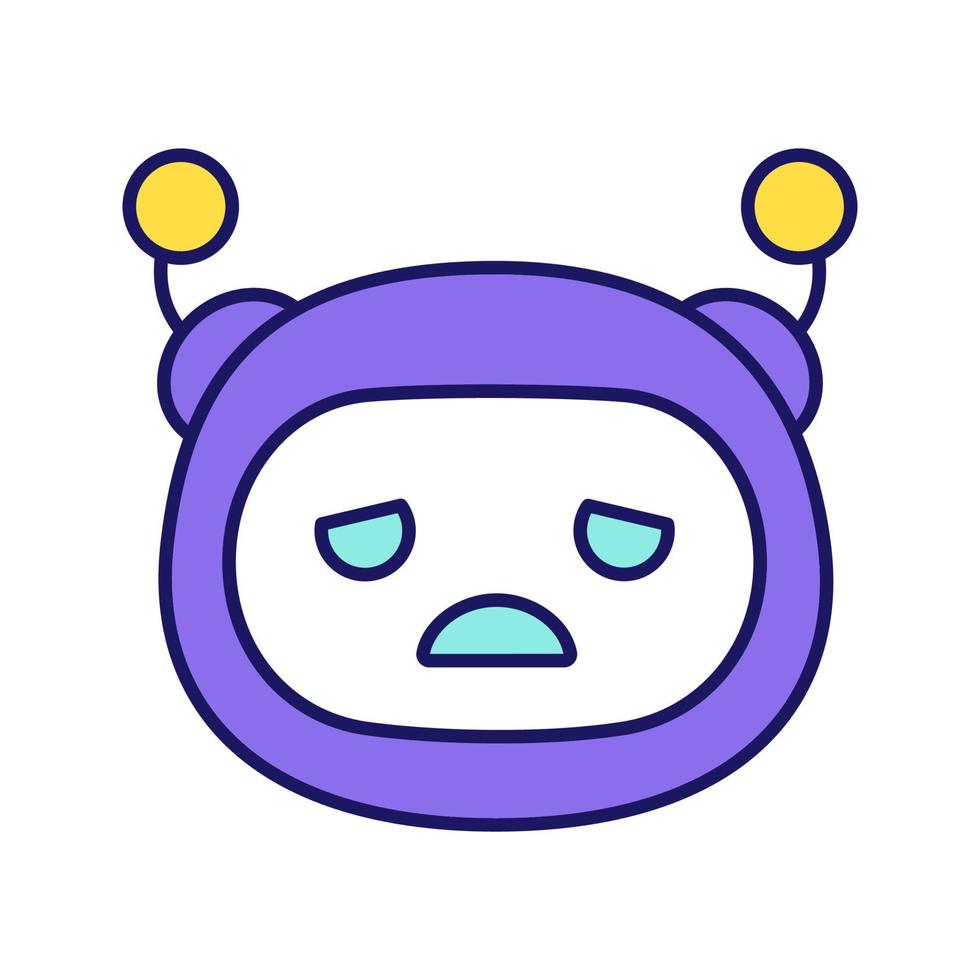 Sad robot emoji color icon. Upset chatbot smiley. Chat bot emoticon. Artificial conversational entity. Virtual assistant. Artificial intelligence. Isolated vector illustration