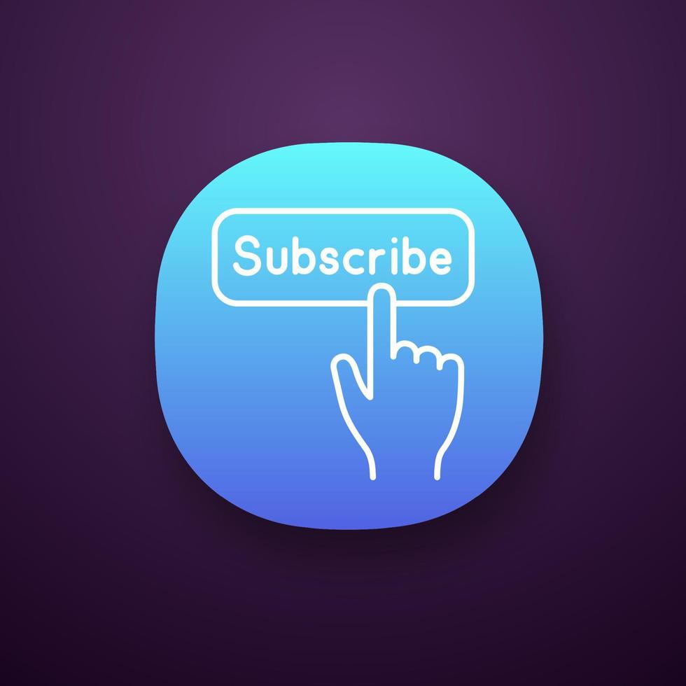 Subscribe button click app icon. UI UX user interface. Subscription. Social media app. Hand pressing button. Web or mobile applications. Vector isolated illustration