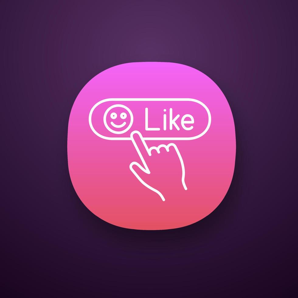Like button click app icon. UI UX user interface. Positive comment. Hand pressing button. Web or mobile applications. Vector isolated illustration