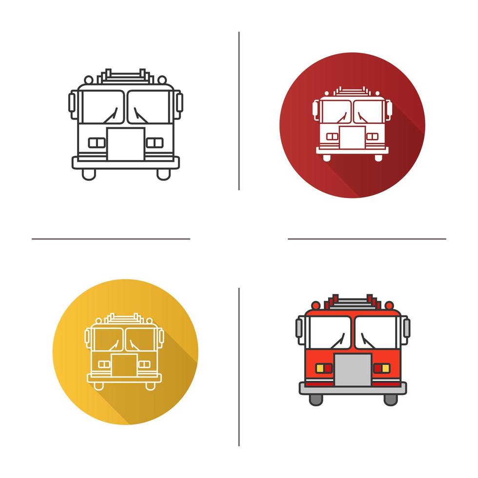 Fire engine icon. Flat design, linear and color styles. Firefighting truck. Isolated vector illustrations